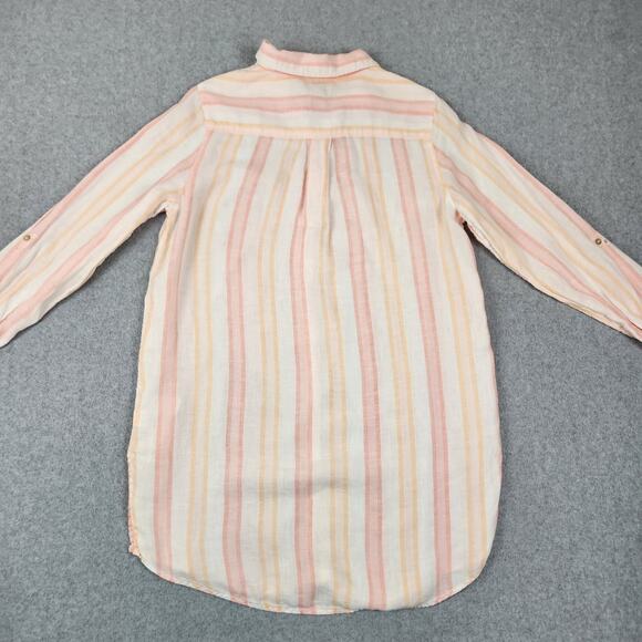 ANTIBES BLANC Linen Tunic Length Top Women Sz Medium Roll Tab Sleeves TINY FLAW - Picture 4 of 11